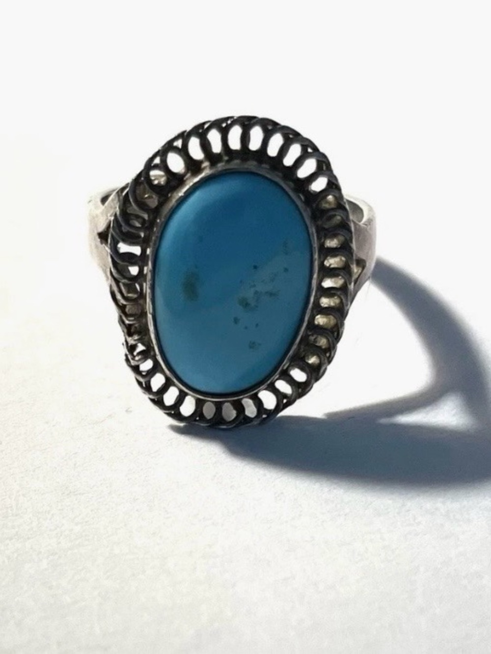 Oval Turquoise Stone Ring in Silver-Tone Filigree - Blue